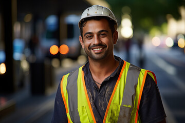 Men public works worker smiling at work. Working man. Public works job offer. AI. - obrazy, fototapety, plakaty