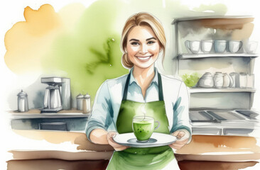 smiling Caucasian female barista with cup of green matcha tea on tray, watercolor illustration