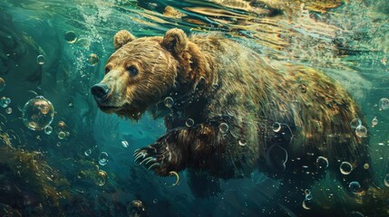 Underwater scene with a grizzly bear swimming, bubbles surrounding, serene encounter in the deep