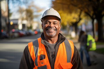 Men public works worker smiling at work. Working man. Public works job offer. AI. - obrazy, fototapety, plakaty