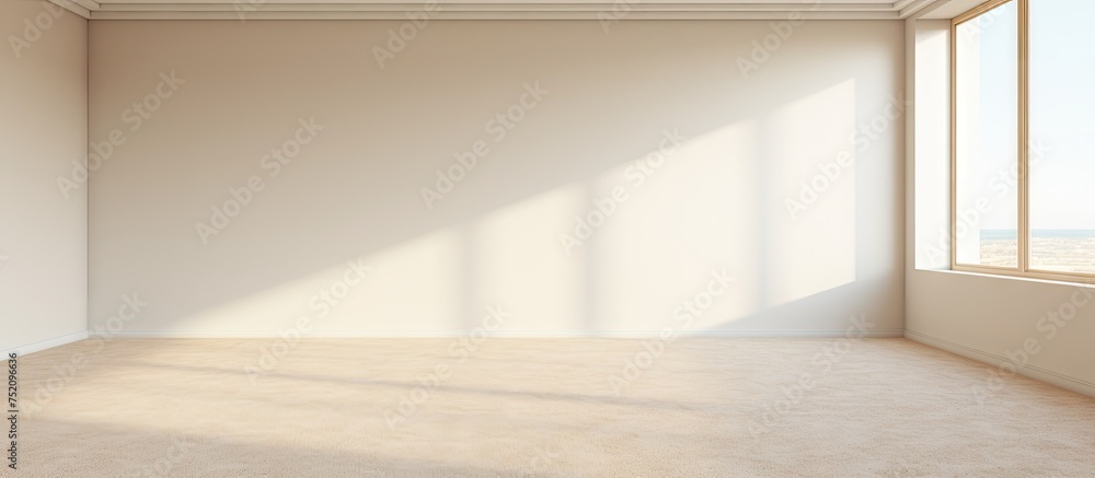 Poster serene ocean view room with spacious window and beige carpet flooring
