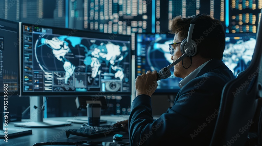 Poster dynamic abstract light trails: it support specialist announcing on mic, monitoring control room with