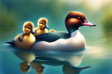 Goosander (common marganser) Ducklings, chicks, baby riding on mothers back - obrazy, fototapety, plakaty
