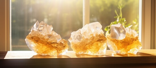 Radiant Honey Calcite Trio Bathing in Sunlight on Window Ledge - obrazy, fototapety, plakaty