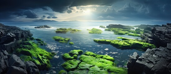 Spectacular Green Algae Rocks Emerged from Stunning Ocean Waters for a Serene Seascape View - obrazy, fototapety, plakaty