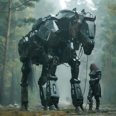 Naklejka premium Armored robot and horse in a symbiotic relationship showcasing fantastic technology in a realistic HD environment