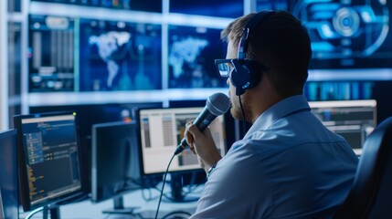 Dynamic abstract light trails: it specialist announcing on intercom, monitoring server data in control room

