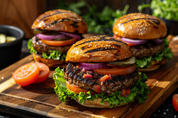 Fresh hamburgers on wooden board