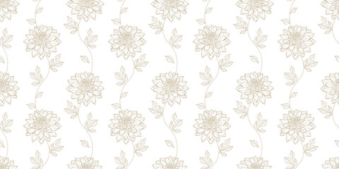 White floral background pattern with dahlia flowers, elegant seamless repeating wallpaper design