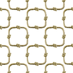 Seamless pattern of watercolor Rope with knot square frame. Ropes, rounded borders, decorative of marine cable illustration. Nautical twisted knot logo on white background. Endless loop twisted