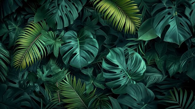 The jungle with dark coloured leaves, exotic atmosphere. Tropical leaves background.