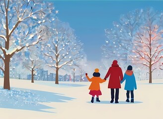冬と雪のシンプルレトロな季節の家族イラスト