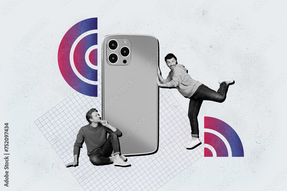 Poster collage picture of two black white colors guys excited push big smart phone brainstorming wifi conne