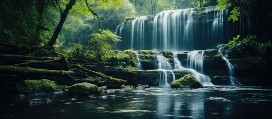 Serene Cascading Waterfall Amidst Lush Greenery of Enchanting Forest Paradise
