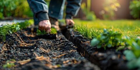 Man meticulously plants grass sod in his carefully cultivated backyard garden. Concept Gardening, Backyard, Landscaping, Sod Installation, Green Thumb
