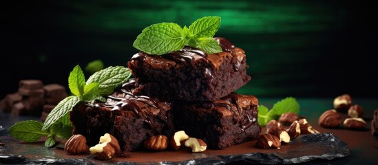 Decadent Vegan Hazelnut Brownies Drizzled with Rich Chocolate and Fresh Mint Leaves