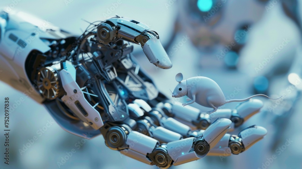 Poster tech-savvy robot holding a computer mouse in its hand, futuristic technology concept