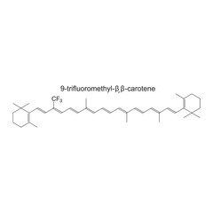 9-trifluoromethyl--carotene skeletal structure diagram.Halogenated Carotenoid compound molecule scientific illustration on white background. - obrazy, fototapety, plakaty