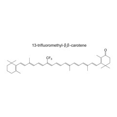 13-trifluoromethyl--carotene skeletal structure diagram.Halogenated Carotenoid compound molecule scientific illustration on white background.
