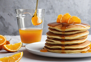 Close up of fresh american pancakes with 3d orange - obrazy, fototapety, plakaty