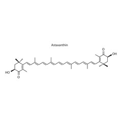 Astaxanthin skeletal structure diagram.Caratenoid compound molecule scientific illustration on white background.