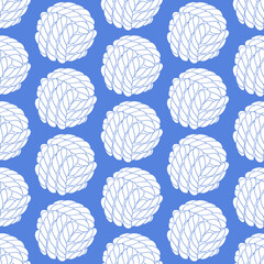 Seamless pattern of knotted ropes cords monkey fist knot ball Nautical thread whipcord with loops and noose, braided, spiral fiber. Illustration hand drawn graphic diagonal on blue background © Nataliia