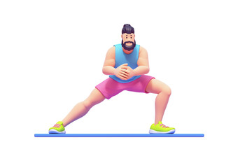 Young cute smiling bearded brunette man wears sportswear, pink shorts, blue tank top, green sneakers doing dynamic warm-up exercises, side lunges on the mat. Front view. 3d render isolated transparent
