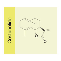 Costunolide skeletal structure diagram.Sesquiterpene compound molecule scientific illustration on yellow background.