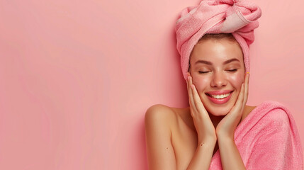 Happy joyful girl in spa salon isolated on pastel color