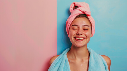 Happy joyful girl in spa salon isolated on pastel color