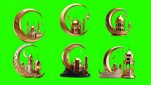 Ramadan icon animation video, six golden crescent moons, each encompassing a different architectural structure resembling mosques or Islamic buildings, set against a vibrant green background