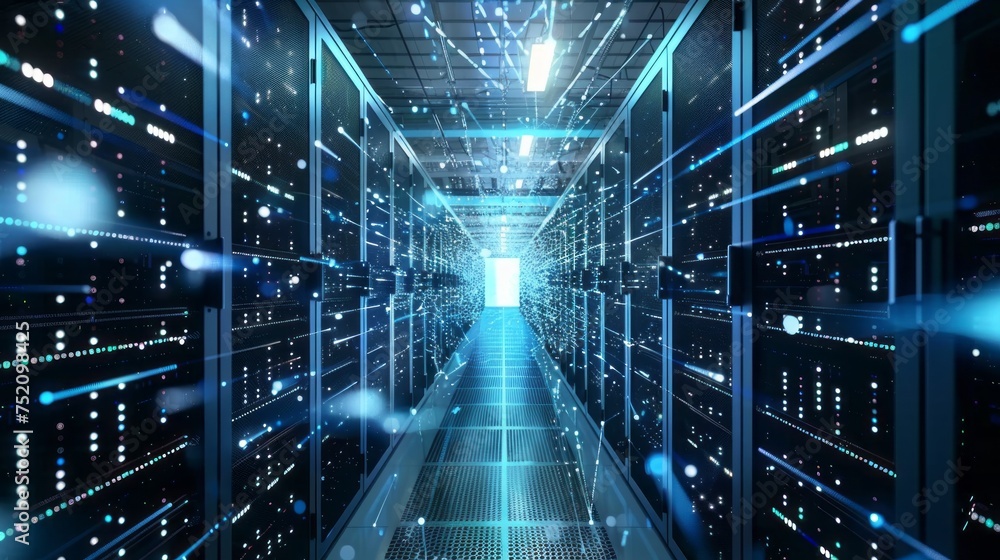 Poster busy data center corridor: rack servers, supercomputers, and internet connection visualization