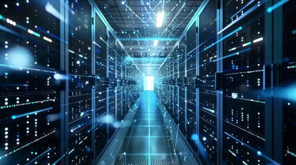 Busy data center corridor: rack servers, supercomputers, and internet connection visualization