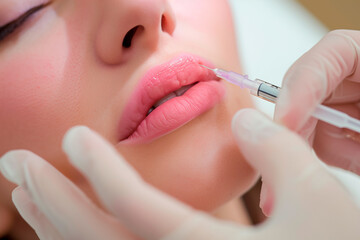Cosmetic treatment with botox injection in female lips. Beautician hands with syringe