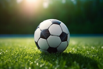 Fototapeta premium Soccer ball, slightly scuffed, on the green lush grass of a football field, close-up