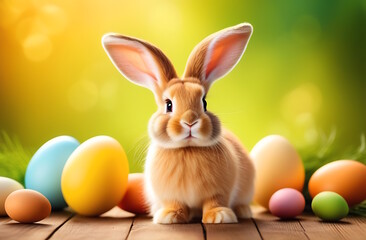 Cute rabbit and colorful painted easter eggs . Shallow depth of field. Concept and idea of happy easter day.