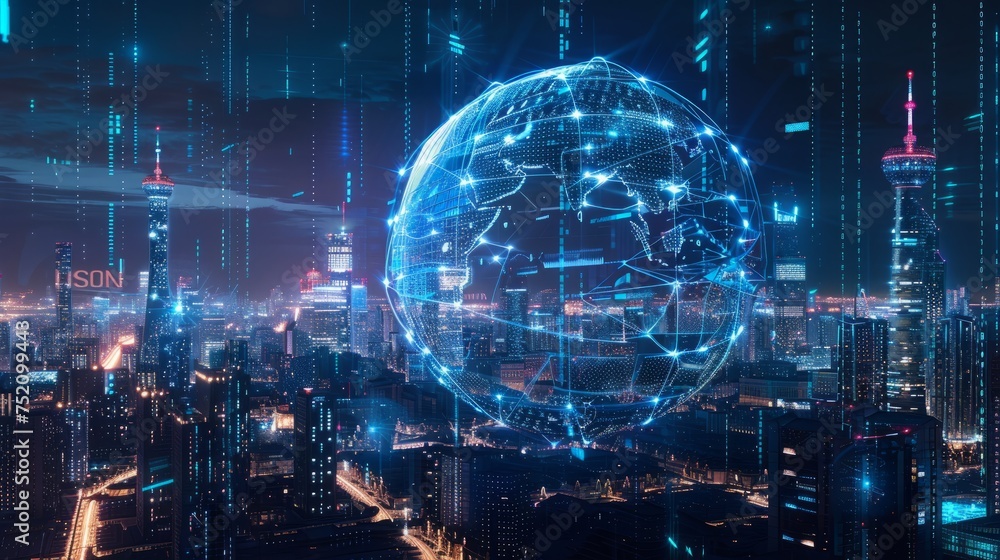 Poster futuristic smart city metaverse: abstract high-speed light effect with ai robot engineer technology 