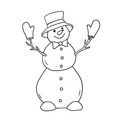 Snowman wearing a hat and mittens with his hands up in the air. A cheerful winter illustration drawn by hand. Coloring. Isolated on a white background.