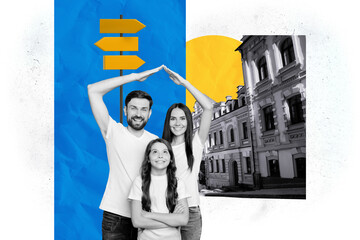 Photo portrait collage of young happy family migrants from ukraine showing house symbol in kyiv city isolated on white color background