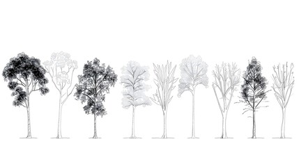 Minimal style cad tree line drawing, Side view, set of graphics trees elements outline symbol for architecture and landscape design drawing. - obrazy, fototapety, plakaty