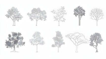 Minimal style cad tree line drawing, Side view, set of graphics trees elements outline symbol for architecture and landscape design drawing.