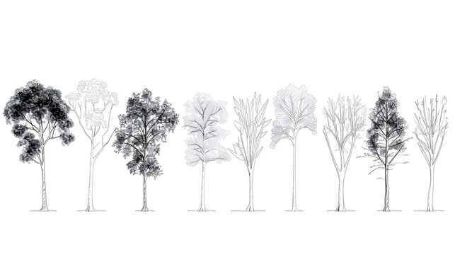 Minimal style cad tree line drawing, Side view, set of graphics trees elements outline symbol for architecture and landscape design drawing.