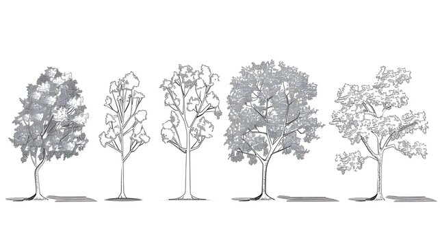 Minimal style cad tree line drawing, Side view, set of graphics trees elements outline symbol for architecture and landscape design drawing.