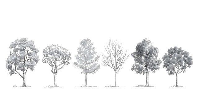 Minimal style cad tree line drawing, Side view, set of graphics trees elements outline symbol for architecture and landscape design drawing.