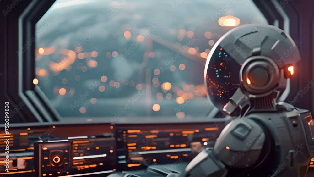 Poster an ai robot sitting on a futuristic desk looking at his computer screen ,generative ai