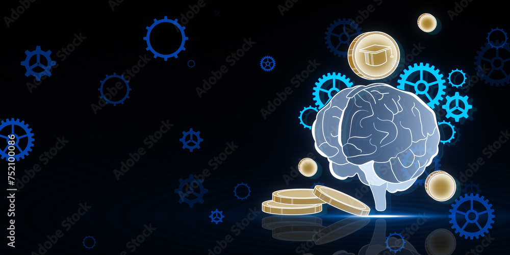 Aufkleber Creative glowing digital brain hologram on blurry background with cogs and coins. AI and futuristic hud elements. 3D Rendering.