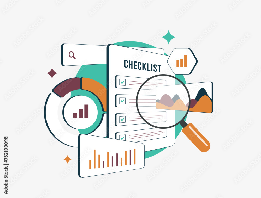 Poster website seo audit horizontal concept. web site search analytics with speed test results, user experi