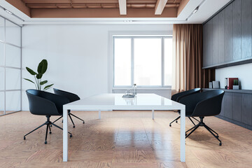 Modern meeting room interior with window and city view, various objects and furniture. 3D Rendering.