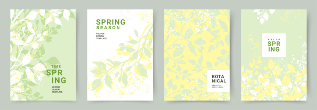 Spring trendy backgrounds with green fresh leaves. Abstract vector templates for poster, invitation, card, flyer, cover, banner, brochure, social media, sale, advertising