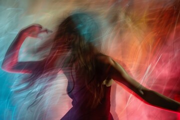 A woman is seen dancing in a blurry, abstract setting. Her movements are captured in a dynamic and energetic display, creating a sense of movement and rhythm within the photo